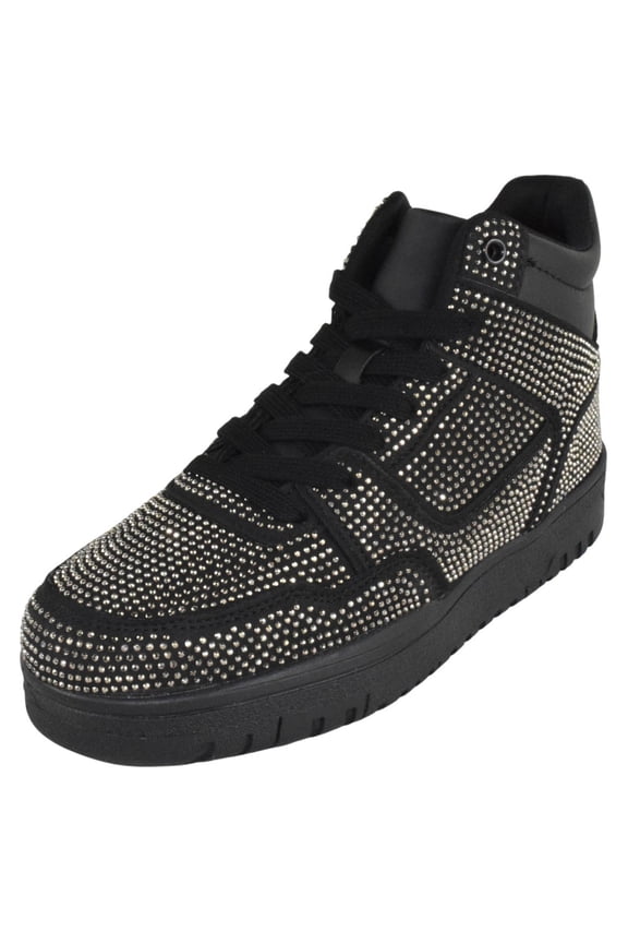 Flat Women High Top Fashion Sneakers Chelsea Shoes Lace Up Rhinestone Bling Sparkly Studs RICH-42 Black 10