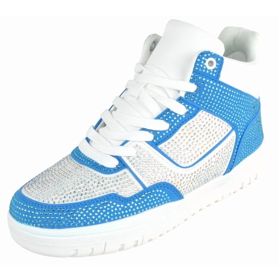 La Sheelah Flat Women High Top Fashion Sneakers Chelsea Shoes Lace Up Rhinestone Bling Sparkly Studs RICH-42 Blue / White 7