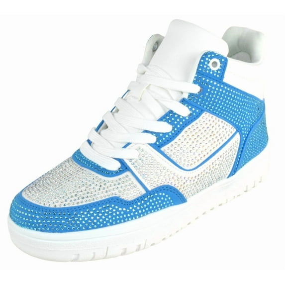 La Sheelah Flat Women High Top Fashion Sneakers Chelsea Shoes Lace Up Rhinestone Bling Sparkly Studs RICH-42 Blue / White 7