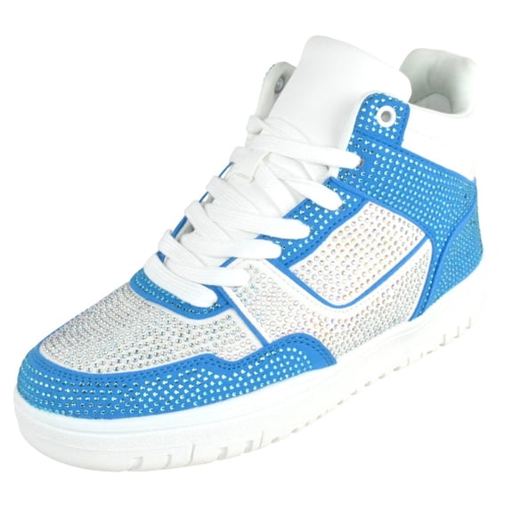 La Sheelah Flat Women High Top Fashion Sneakers Chelsea Shoes Lace Up Rhinestone Bling Sparkly Studs RICH-42 Blue / White 7