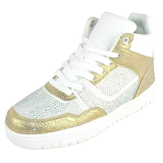 La Sheelah Flat Women High Top Fashion Sneakers Chelsea Shoes Lace Up Rhinestone Bling Sparkly Studs RICH-42 Gold / White 6