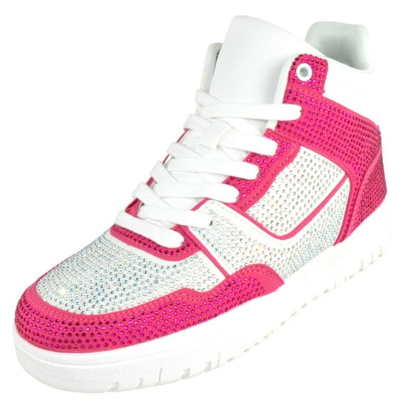 La Sheelah Flat Women High Top Fashion Sneakers Chelsea Shoes Lace Up Rhinestone Bling Sparkly Studs RICH-42 Hot Pink Fuchsia / White 7.5