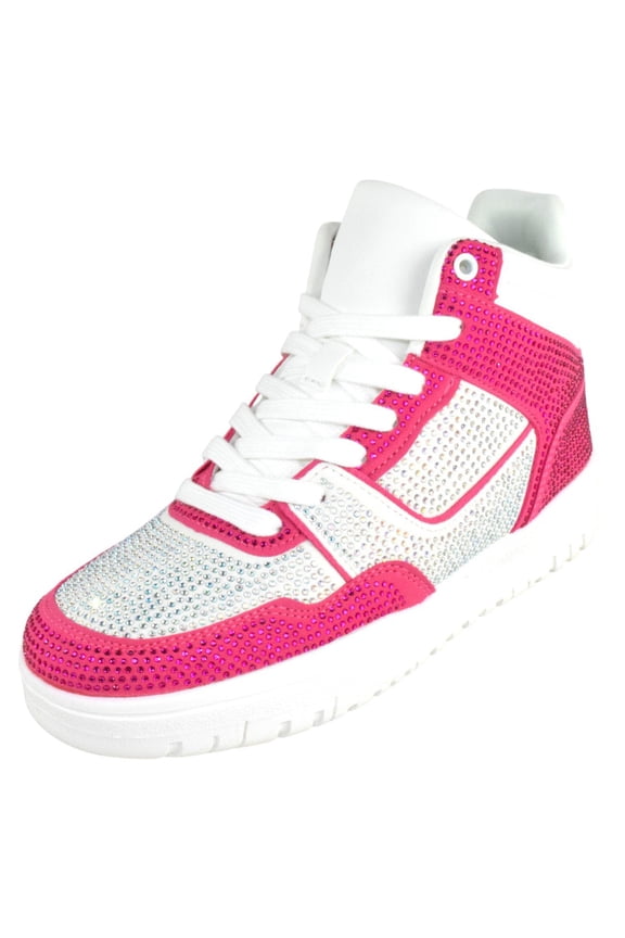Flat Women High Top Fashion Sneakers Chelsea Shoes Lace Up Rhinestone Bling Sparkly Studs RICH-42 Hot Pink Fuchsia / White 8