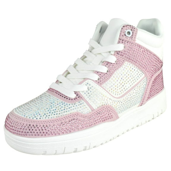 La Sheelah Flat Women High Top Fashion Sneakers Chelsea Shoes Lace Up Rhinestone Bling Sparkly Studs RICH-42 Light Pink / White 10