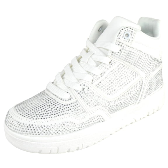 La Sheelah Flat Women High Top Fashion Sneakers Chelsea Shoes Lace Up Rhinestone Bling Sparkly Studs RICH-42 White 5