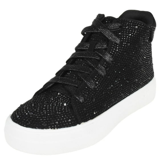 La Sheelah Flat Women High Top Sneakers Chelsea Shoes Lace Up White Sole Rhinestone Bling DOLCE-77 Black 6.5
