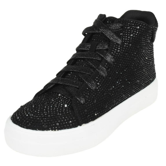 La Sheelah Flat Women High Top Sneakers Chelsea Shoes Lace Up White Sole Rhinestone Bling DOLCE-77 Black 7.5