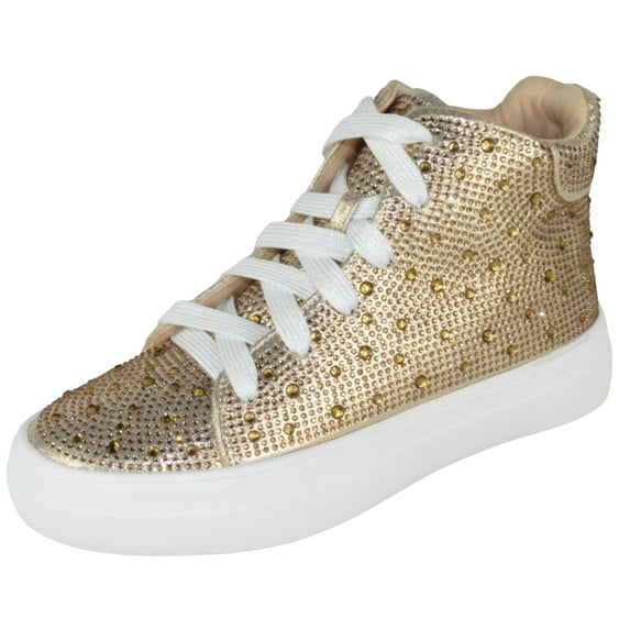 La Sheelah Flat Women High Top Sneakers Chelsea Shoes Lace Up White Sole Rhinestone Bling DOLCE-77 Gold 6