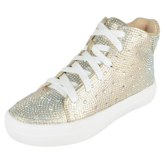 La Sheelah Flat Women High Top Sneakers Chelsea Shoes Lace Up White Sole Rhinestone Bling DOLCE-77 Light Gold Champagne 5.5
