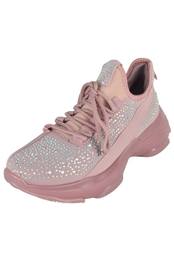 Flat Women Lace-Up Platform Sneakers Comfortable Sport Walking Running Shoes Rhinestone Bling Studs Anti-Slip Resistant HANA-49 Light Pink Mauve 7.5