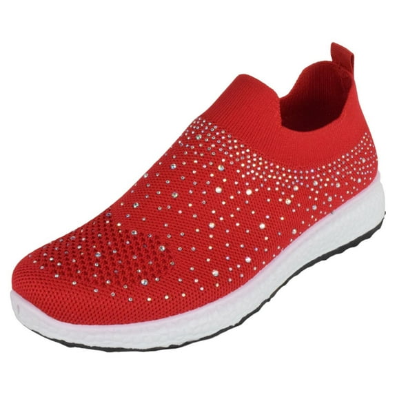 La Sheelah Flat Women Slip-On Sneakers Comfortable Sport Walking Running Shoes Rhinestone Bling Studs Elastic Breathable Knit Anti-Slip Resistant LABOR-8 Red 8