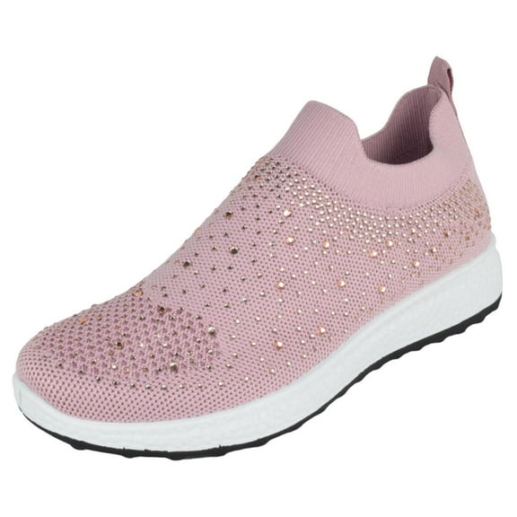 La Sheelah Flat Women Slip-On Sneakers Comfortable Sport Walking Running Shoes Rhinestone Bling Studs Elastic Breathable Knit Anti-Slip Resistant LABOR-8 Light Pink Mauve 7