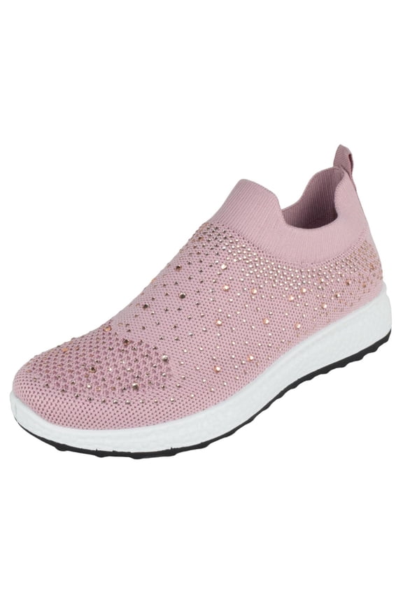 Flat Women Slip-On Sneakers Comfortable Sport Walking Running Shoes Rhinestone Bling Studs Elastic Breathable Knit Anti-Slip Resistant LABOR-8 Light Pink Mauve 7