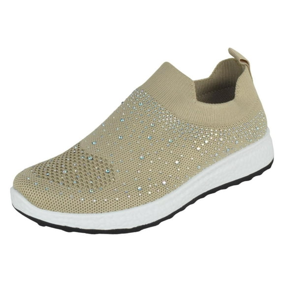 La Sheelah Flat Women Slip-On Sneakers Comfortable Sport Walking Running Shoes Rhinestone Bling Studs Elastic Breathable Knit Anti-Slip Resistant LABOR-8 Khaki Beige 8.5