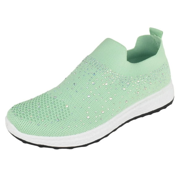 La Sheelah Flat Women Slip-On Sneakers Comfortable Sport Walking Running Shoes Rhinestone Bling Studs Elastic Breathable Knit Anti-Slip Resistant LABOR-8 Light Green Mint 7