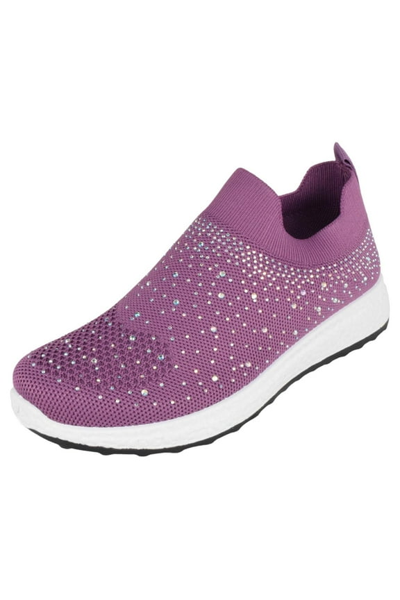 Flat Women Slip-On Sneakers Comfortable Sport Walking Running Shoes Rhinestone Bling Studs Elastic Breathable Knit Anti-Slip Resistant LABOR-8 Purple 5