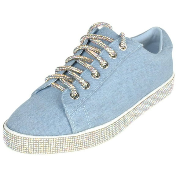 La Sheelah Shoes Women Flat Fashion Wedding Sneakers Crystals Rhinestone Blingy Lace Up SCOUT-24 Light Blue Denim 8