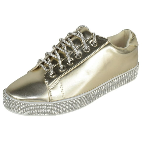 La Sheelah Shoes Women Flat Fashion Wedding Sneakers Crystals Rhinestone Blingy Lace Up SCOUT-24 Metallic Gold 8.5