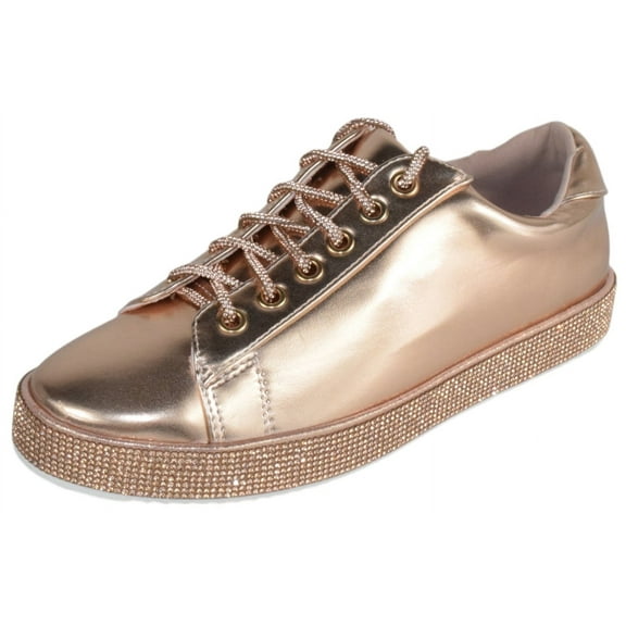 La Sheelah Shoes Women Flat Fashion Wedding Sneakers Crystals Rhinestone Blingy Lace Up SCOUT-24 Metallic Rose Gold 7