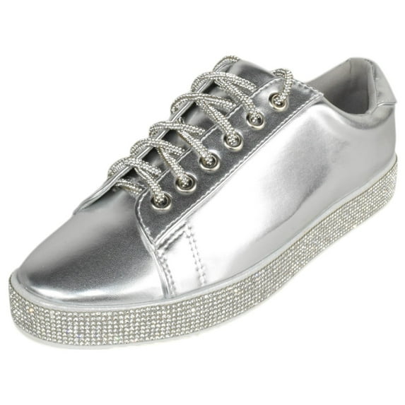 La Sheelah Shoes Women Flat Fashion Wedding Sneakers Crystals Rhinestone Blingy Wedding Lace Up SCOUT-24 Silver 9