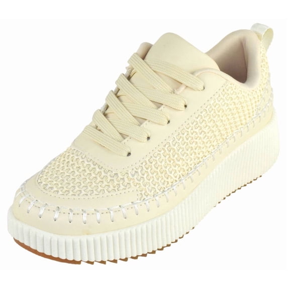 La Sheelah Women Knitted Low Top Patchwork Fashion Sneaker Casual Lace-Up Comfort Walking Shoes Lightweight Platform Sole Trendy Woven Design TIMELESS-12 Beige Bone Nude 8.5