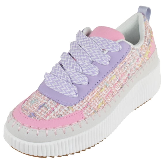 La Sheelah Women Knitted Low Top Patchwork Fashion Sneaker Casual Lace-Up Comfort Walking Shoes Lightweight Platform Sole Trendy Woven Design TIMELESS-12 Light Pink Purple 5.5