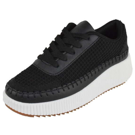La Sheelah Women Knitted Low Top Patchwork Fashion Sneaker Casual Lace-Up Comfort Walking Shoes Lightweight Platform Sole Trendy Woven Design TIMELESS-12 Black White 7.5