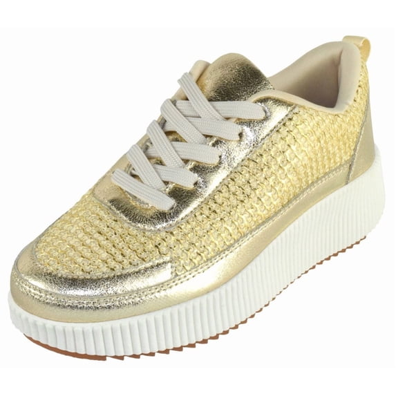 La Sheelah Women Knitted Low Top Patchwork Fashion Sneaker Casual Lace-Up Comfort Walking Shoes Lightweight Platform Sole Trendy Woven Design TIMELESS-12 Metallic Gold 6
