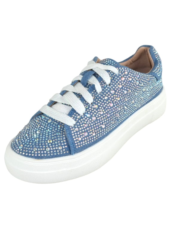 Women’s Rhinestone Platform Sneakers – Sparkly Glitter Fashion Shoes, Bling Casual Lace-Up Sneakers, Crystal Streetwear Flatform Shoes DOLCE-66 Blue Denim 8