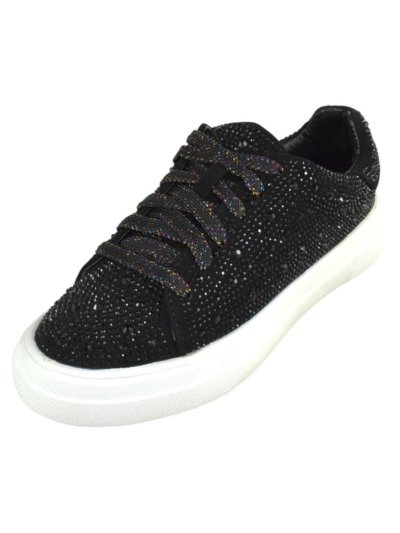 Women’s Rhinestone Platform Sneakers – Sparkly Glitter Fashion Shoes, Bling Casual Lace-Up Sneakers, Crystal Streetwear Flatform Shoes DOLCE-66 Black 7