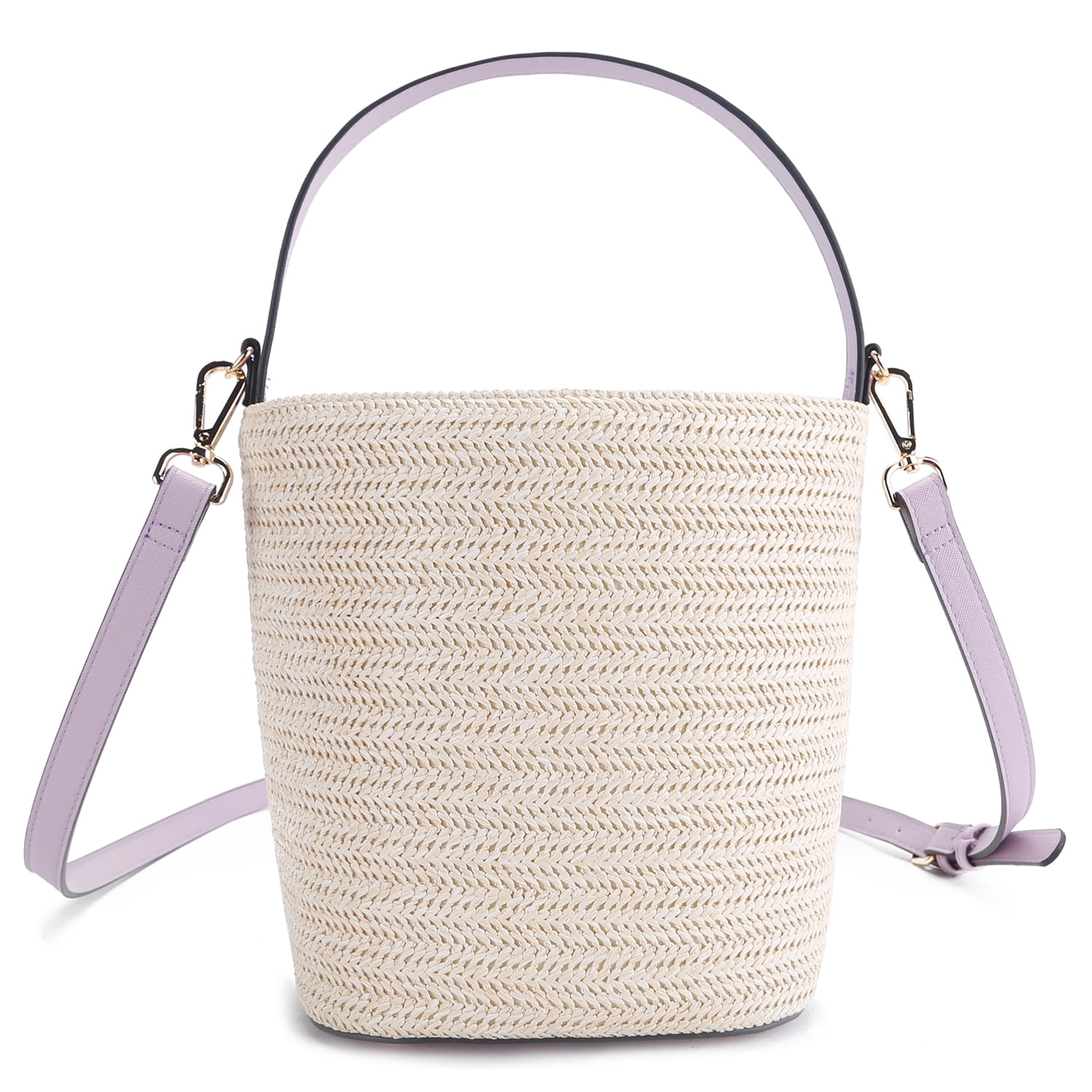 La Terre Summer Straw Bucket Bag with Drawstring Closure , Vegan Leather Handle and Adjustable Crossbody long Strap