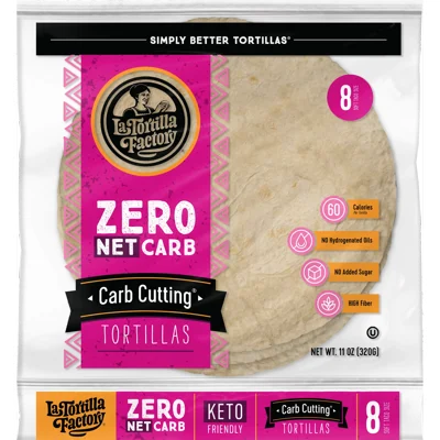 La Tortilla Factory Zero Net Carb Tortillas, Carb Cutting, Keto Friendly, Soft Taco Size, 8 Count, 11 oz – 60 Calorie High Fiber Wraps for Quick Tacos