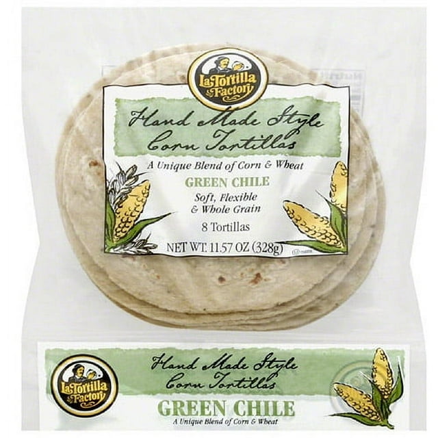 La Tortilla Factory Hand Made Style Green Chile Corn Tortillas, 8 count, 11.57 oz, (Pack of 12)