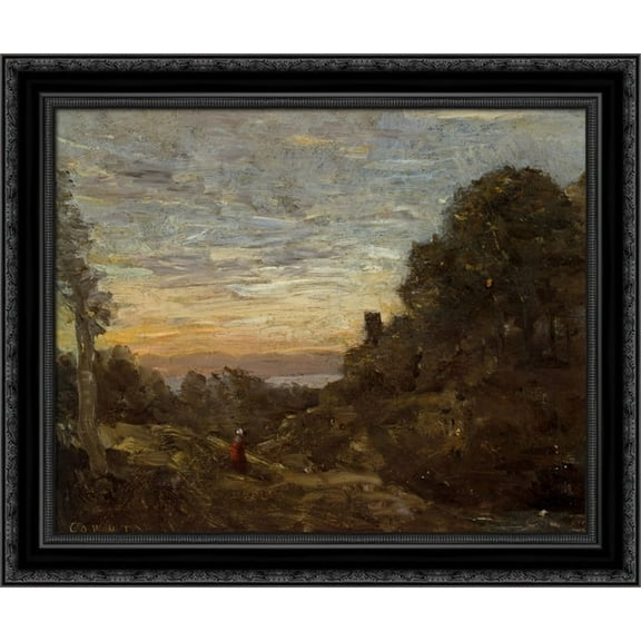 La Tour les Arbres 23x20 Black Ornate Wood Framed Canvas Art by Corot, Jean Baptiste Camille