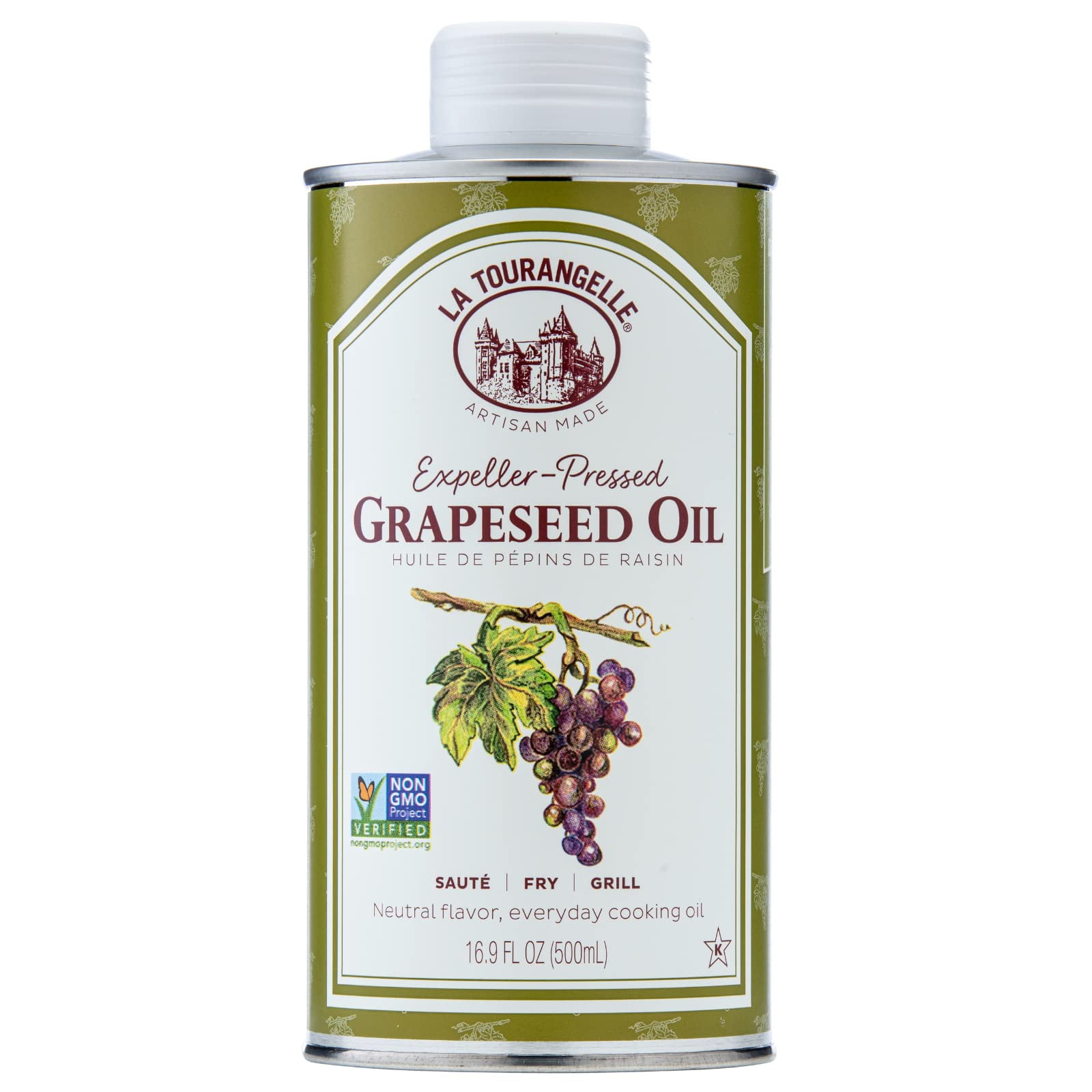 La Tourangelle, Expeller-Pressed Grapeseed VTF5 Oil, High Heat Neutral Cooking Oil, Cast Iron Seasoning, Also Great for Skin, Hair, and DIY Beauty Recipes, 16.9 fl oz