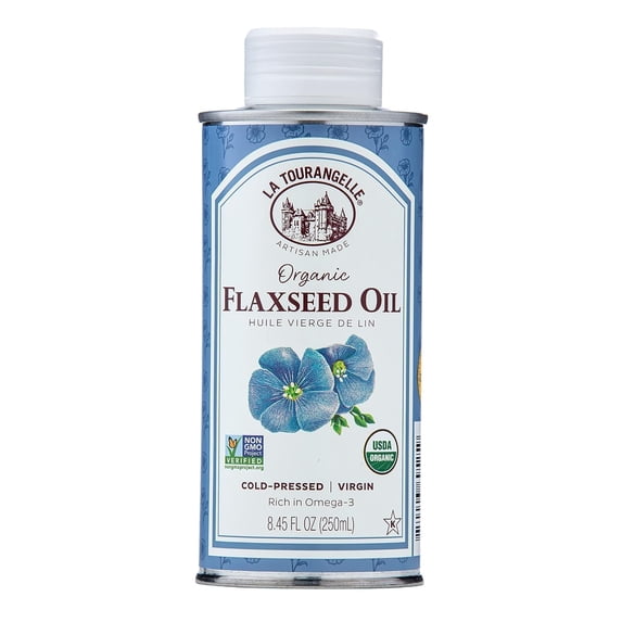La Tourangelle, Organic Flaxseed CM31 Oil, Essential Omega-3 to Improve Heart Health, Vegan, Non-GMO, Gluten-Free, Kosher, Cast Iron Seasoning, 8.45 fl oz