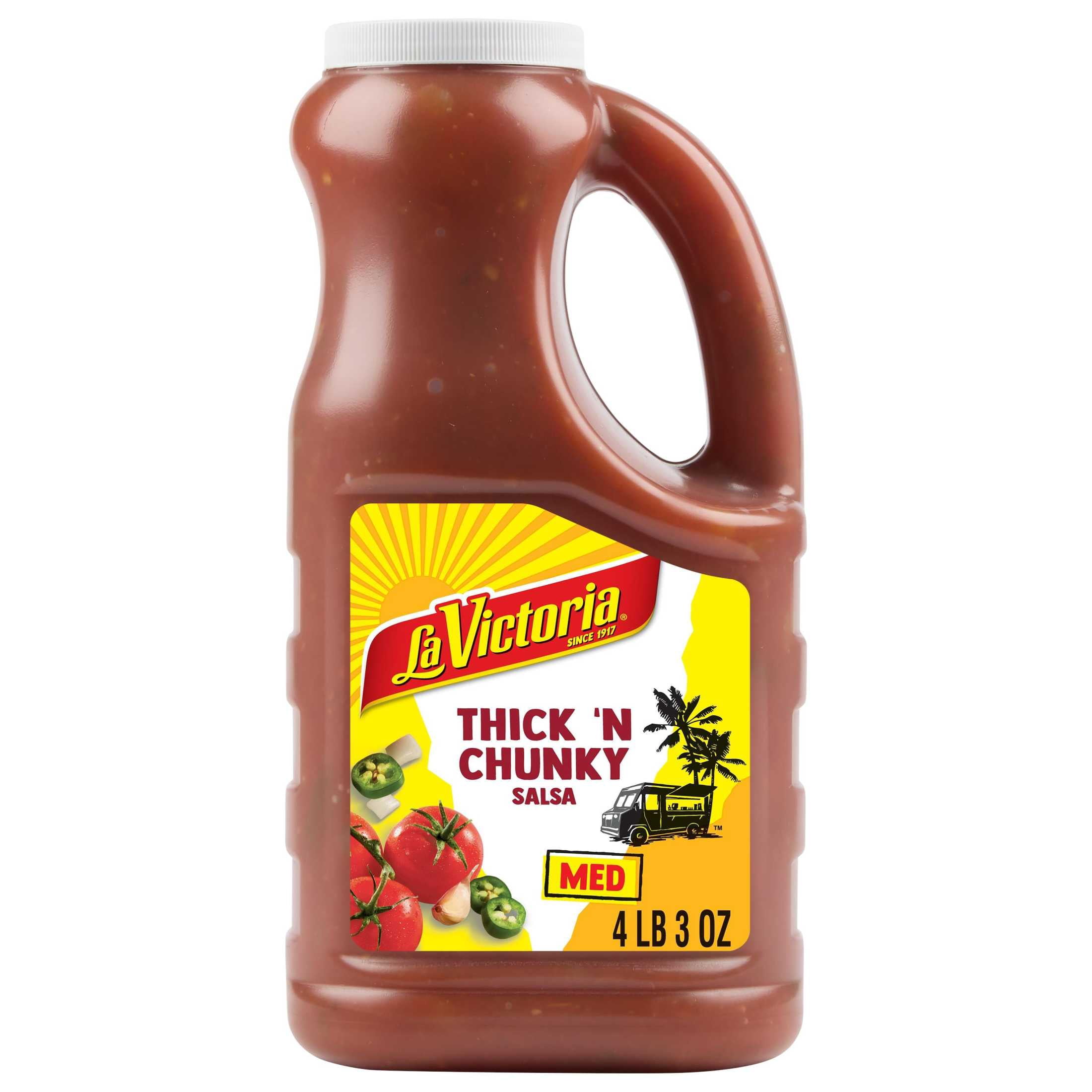 LA VICTORIA Thick 'n Chunky Medium Salsa, Tortilla Chip Dip, Shelf Stable, Large 67 oz Plastic Jug