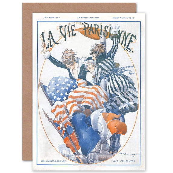 La Vie Parisienne WW1 Allies 1919 Magazine Cover Greetings Card Plus Envelope Blank inside