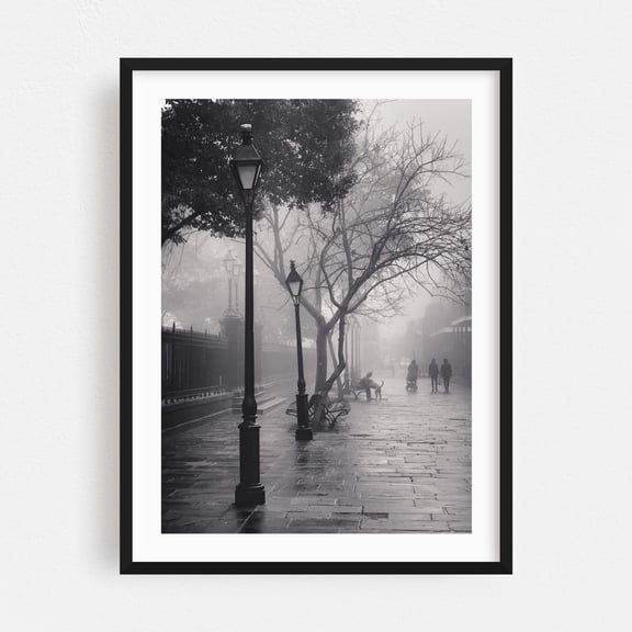 La Vie en Rose - New Orleans Louisiana Photography Black and White Foggy Street Photography City Moody Architecture Scenic Black Framed Wall Art Print 18 x 24 inches