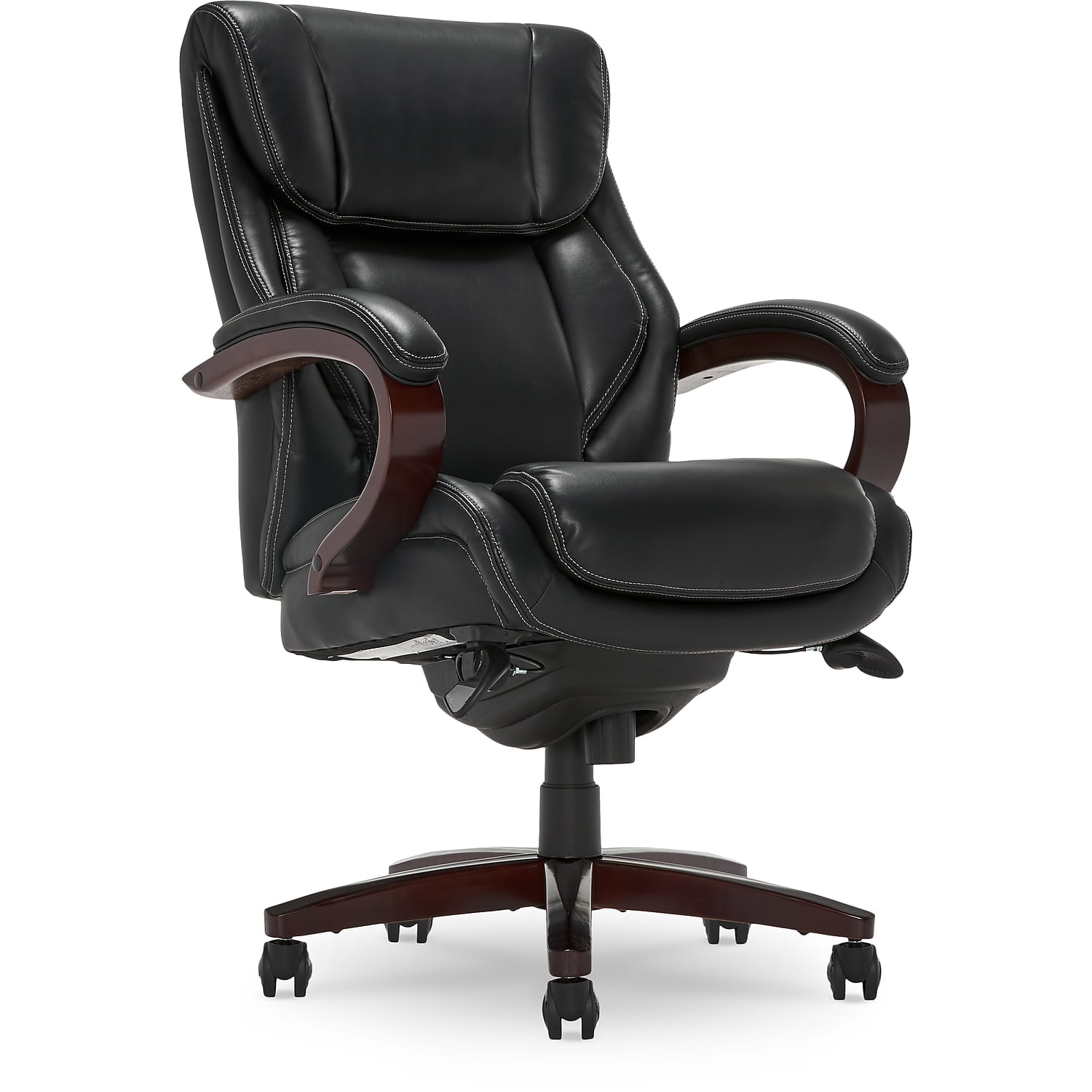 Black Leather High-Back Executive Office Chair with Wood Frame