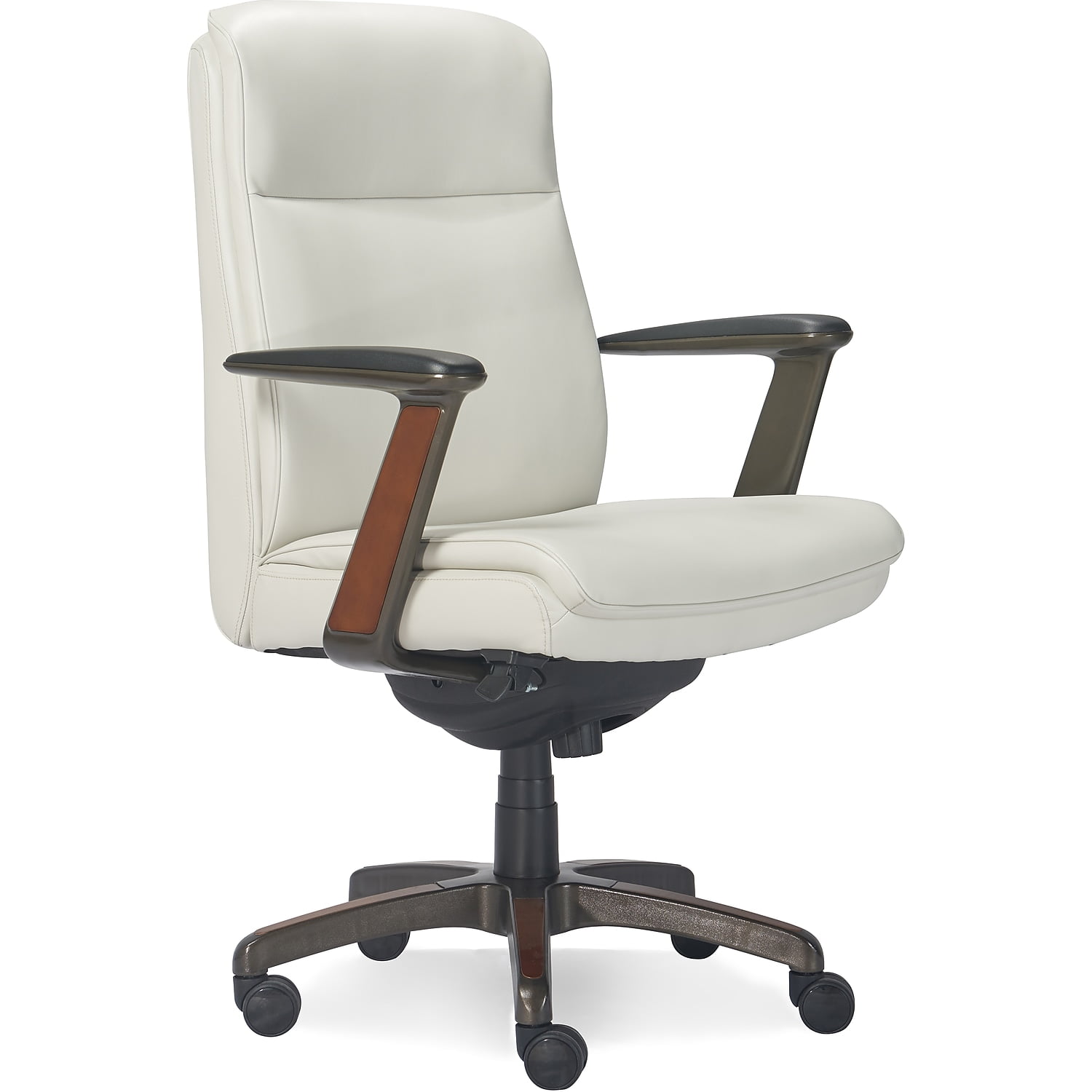 White Leather and Wood Swivel Executive Office Chair with Lumbar Support