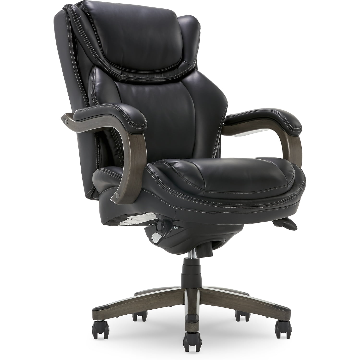 Black Leather Ergonomic Executive Office Chair with Wood Base