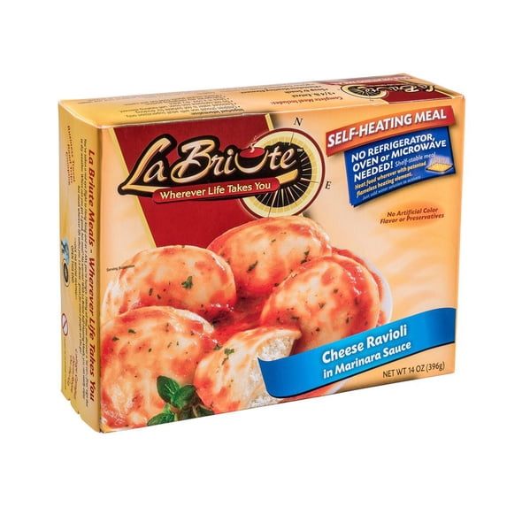 LaBriute Meals Cheese Ravioli Self Heating Ready to Eat Meal with Snack, Vegetarian Entrée, Glatt Kosher, Emergency Food Supply, Camping, Survival, 12 oz Serving