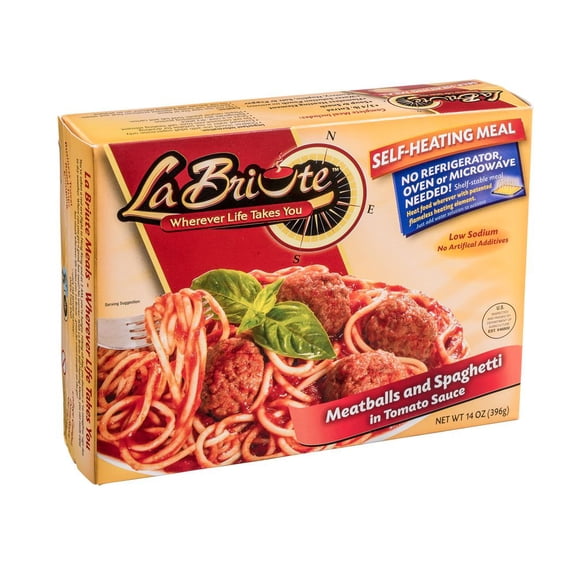 LaBriute Meals Spaghetti & Meatballs Self Heating Ready to Eat Meal with Snack, High Protein Entre, Glatt Kosher, Emergency Food Supply, Camping, Survival, 12 oz Serving