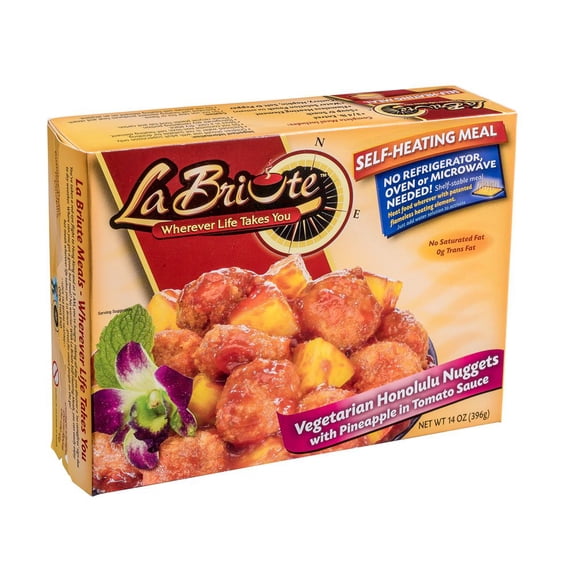 LaBriute Meals Vegetarian Honolulu Nuggets Self Heating Ready to Eat Meal with Snack, Plant Based Entre, Glatt Kosher, Emergency Food Supply, Camping, Survival, 12 oz Serving