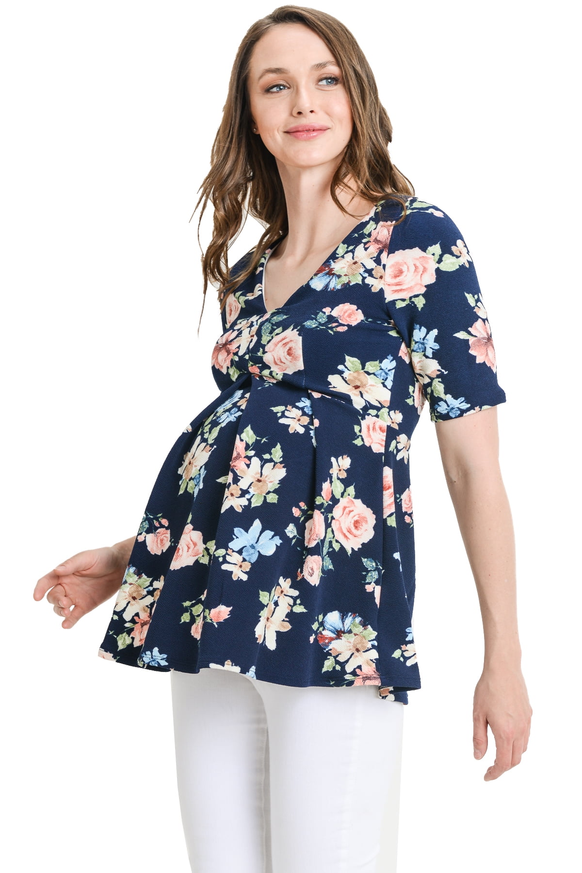 LaClef Women's Floral and Polka Dot Pleated Peplum V Neck Maternity Top