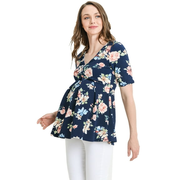 LaClef Women's Floral and Polka Dot Pleated Peplum V Neck Maternity Top