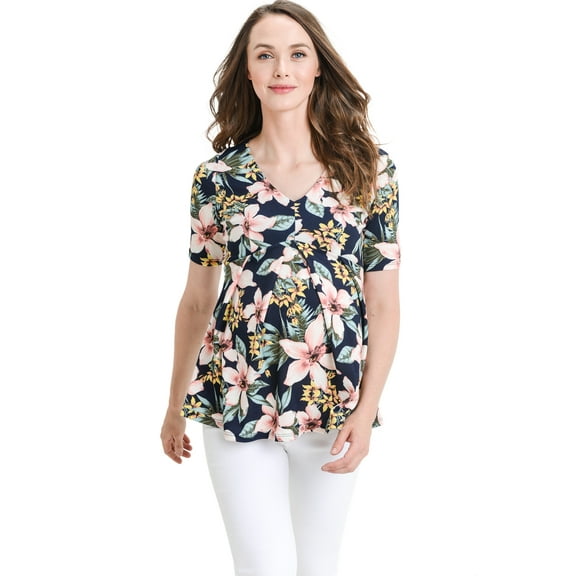 LaClef Women's Floral and Polka Dot Pleated Peplum V Neck Maternity Top