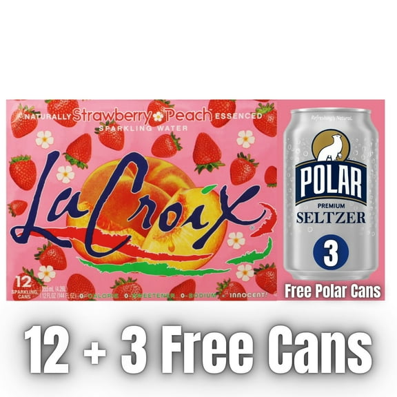 LaCroix Sparkling Water, Strawberry Peach  12 Cans (12 fl oz Each) + 3 Bonus Polar Seltzer Cans
