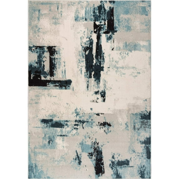 LaDole Rugs Modern Minimalistic Rustic Abstract Blue Ivory Area Rug 5'2"x7'6"